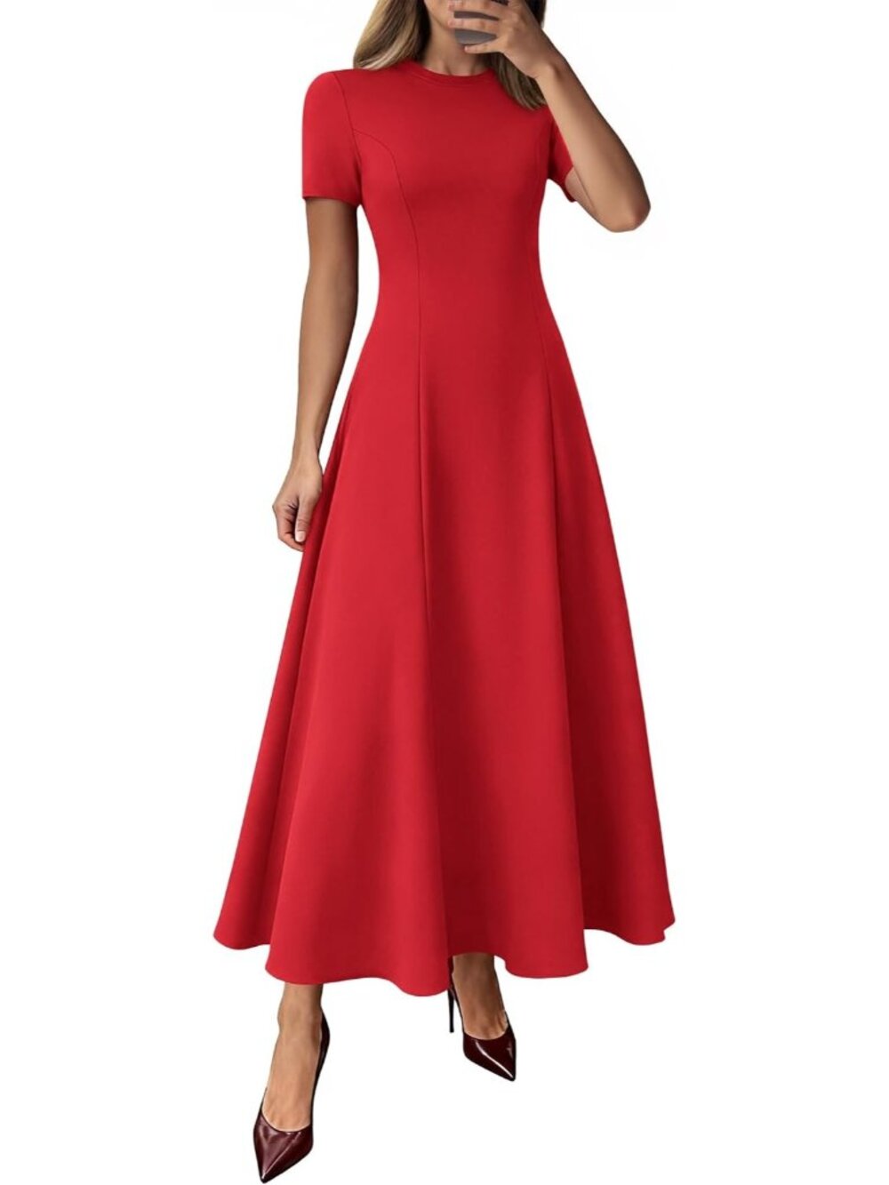 Women's Red Crewneck Short Sleeve A Line High Waist Wedding Guest Maxi Dresses